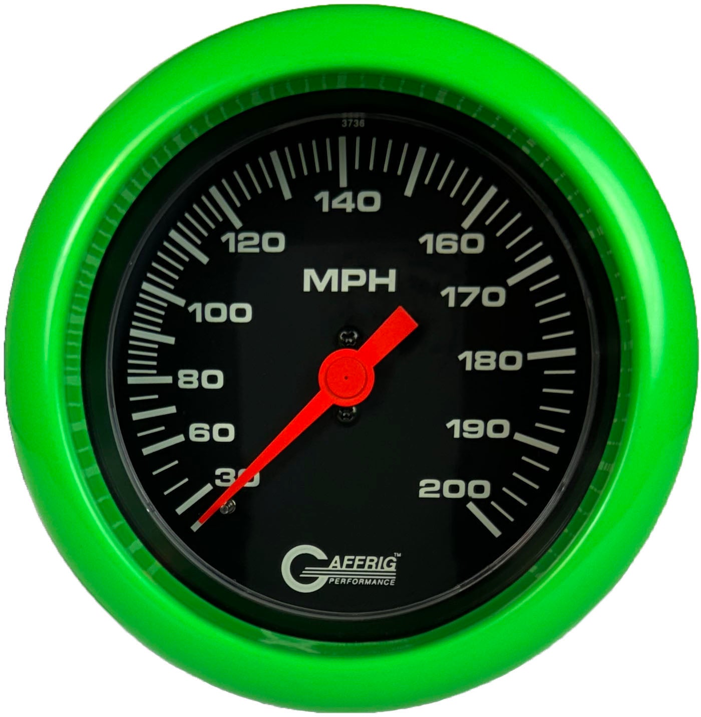 GAFFRIG PART #4014 3 3/8 INCH MECHANICAL DRY SPEEDOMETER GAUGE 200 MPH BLACK - HEAD ONLY LIME GREEN / STEP RIM