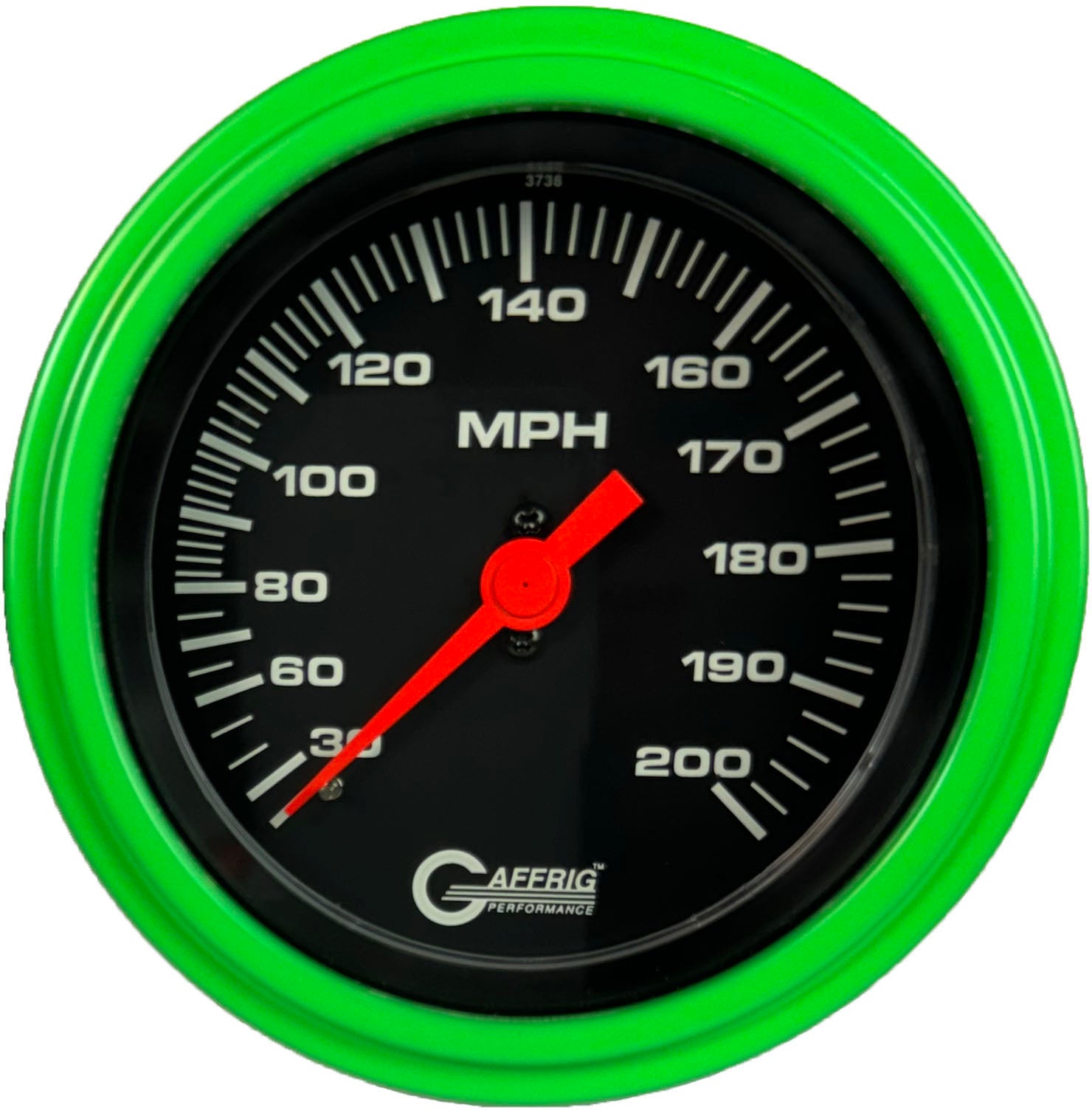 GAFFRIG PART #4014 3 3/8 INCH MECHANICAL DRY SPEEDOMETER GAUGE 200 MPH BLACK - HEAD ONLY LIME GREEN / STEP RIM