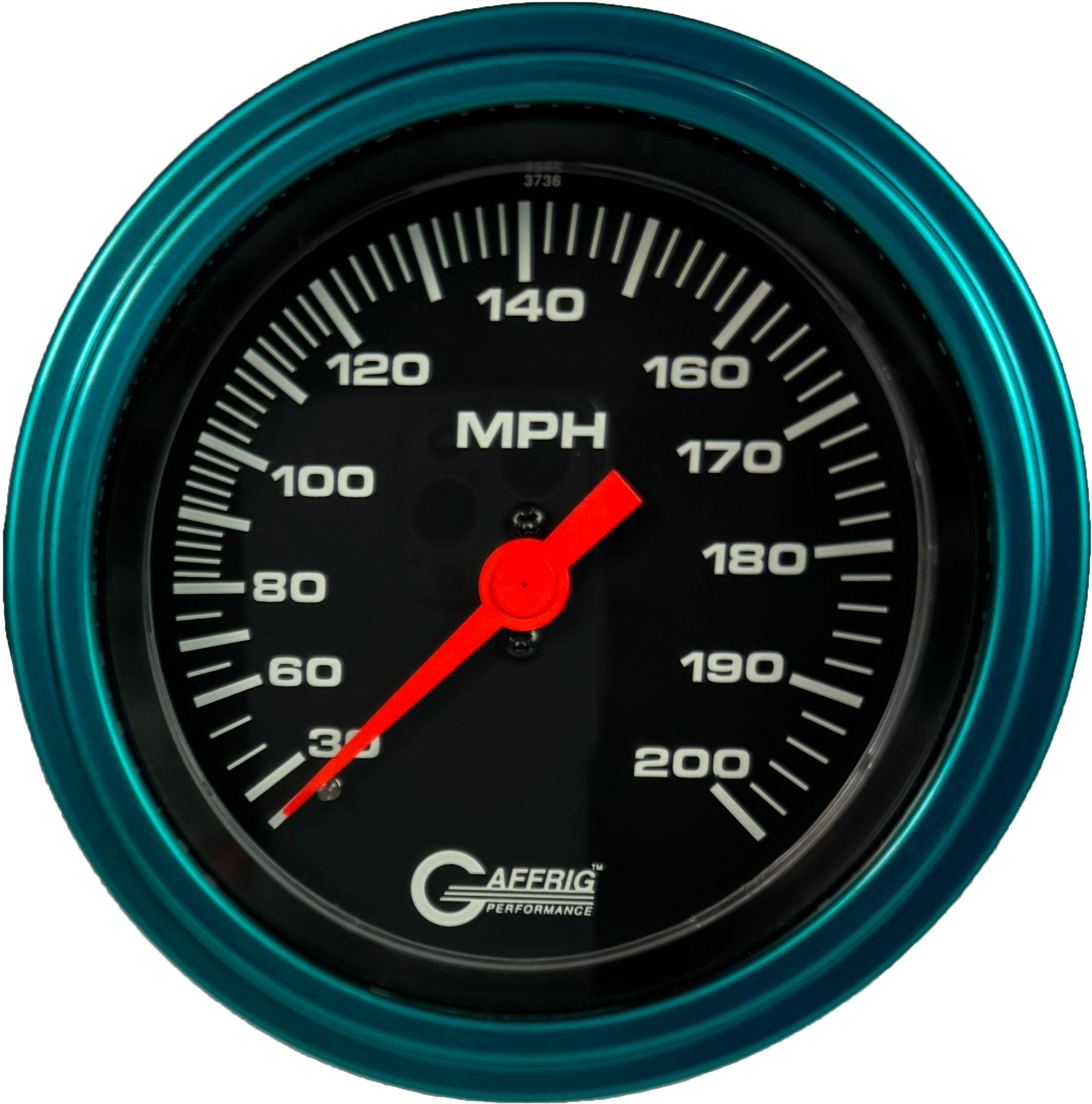 GAFFRIG PART #4014 3 3/8 INCH MECHANICAL DRY SPEEDOMETER GAUGE 200 MPH BLACK - HEAD ONLY TEAL / STEP RIM