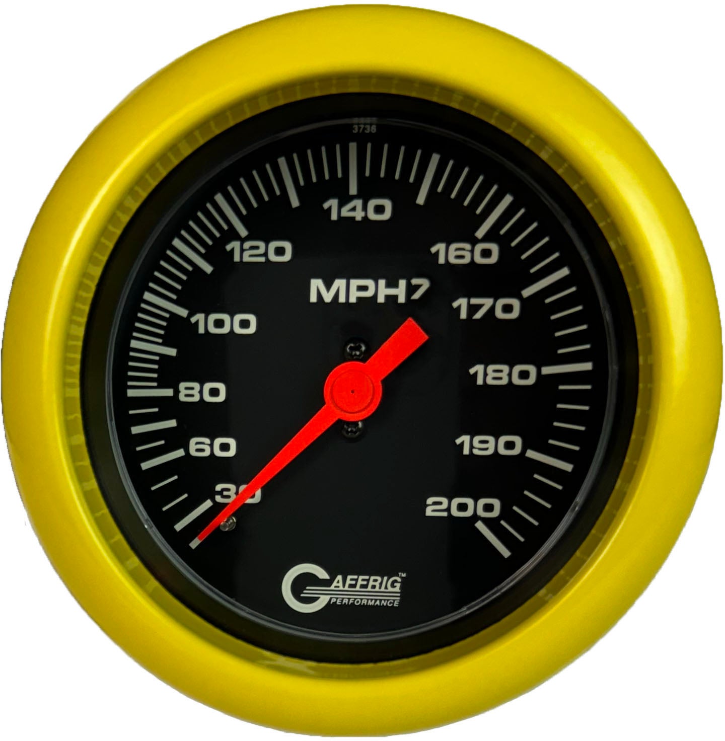 GAFFRIG PART #4014 3 3/8 INCH MECHANICAL DRY SPEEDOMETER GAUGE 200 MPH BLACK - HEAD ONLY YELLOW / STEP RIM