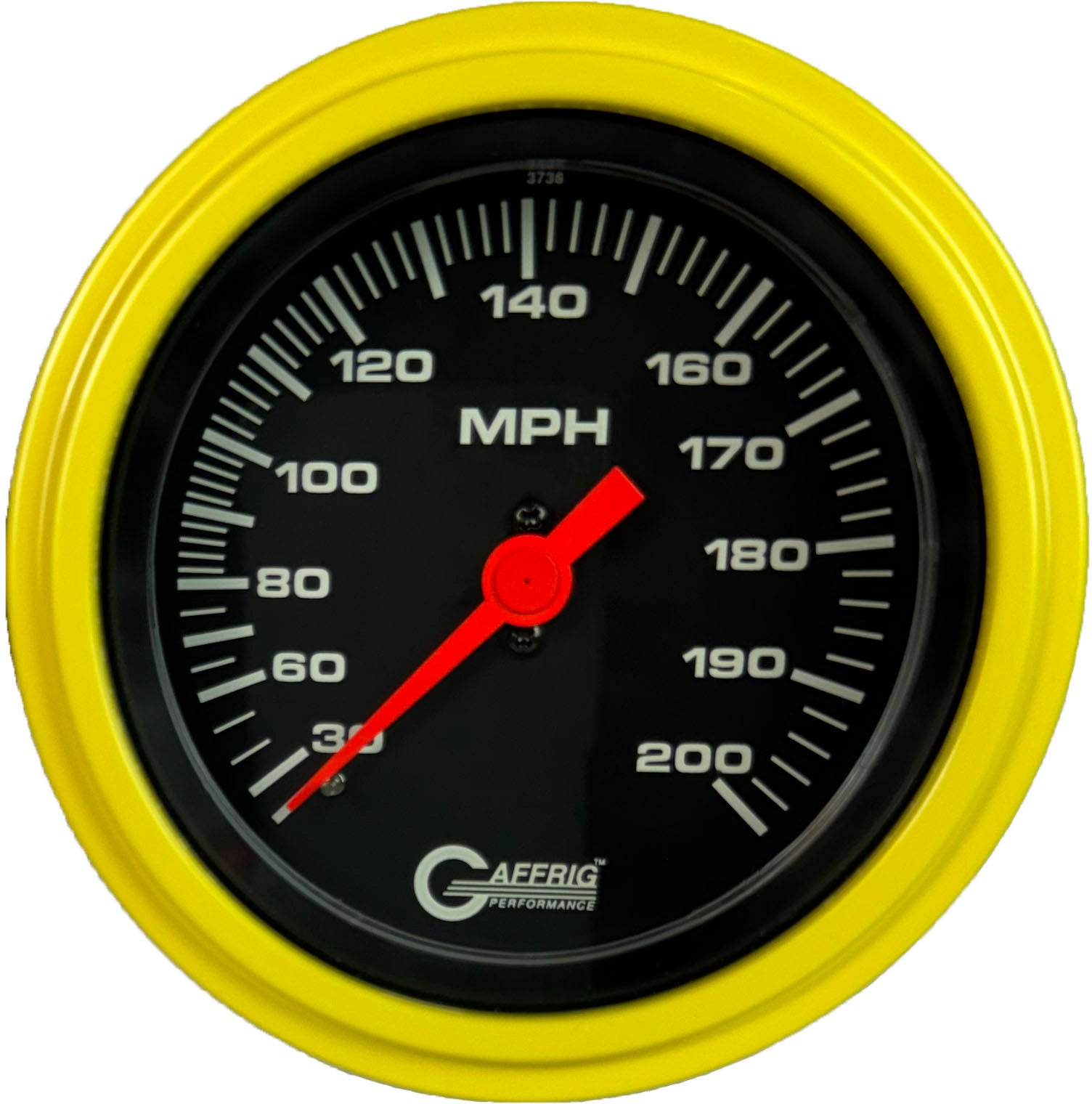 GAFFRIG PART #4014 3 3/8 INCH MECHANICAL DRY SPEEDOMETER GAUGE 200 MPH BLACK - HEAD ONLY YELLOW / STEP RIM