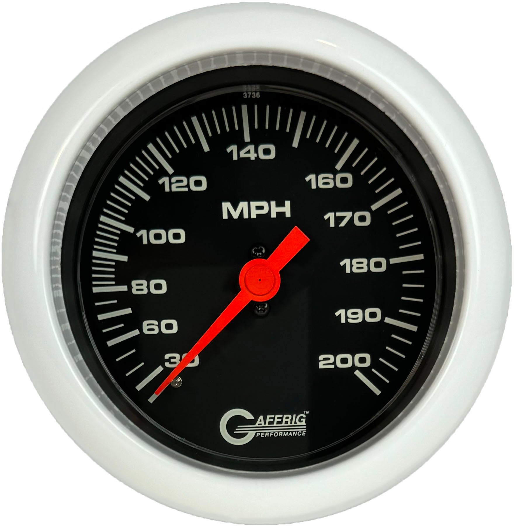 GAFFRIG PART #4014 3 3/8 INCH MECHANICAL DRY SPEEDOMETER GAUGE 200 MPH BLACK - HEAD ONLY WHITE / STEP RIM