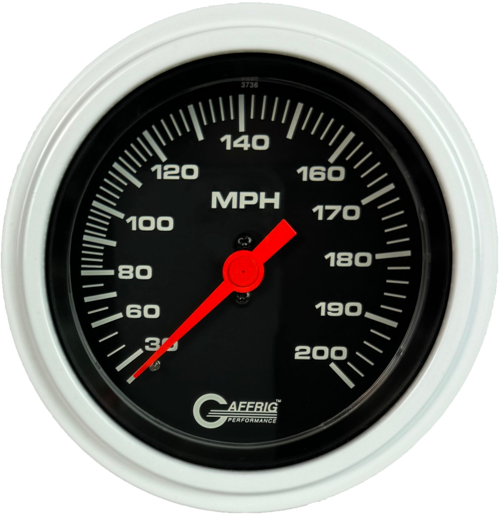 GAFFRIG PART #4014 3 3/8 INCH MECHANICAL DRY SPEEDOMETER GAUGE 200 MPH BLACK - HEAD ONLY WHITE / STEP RIM