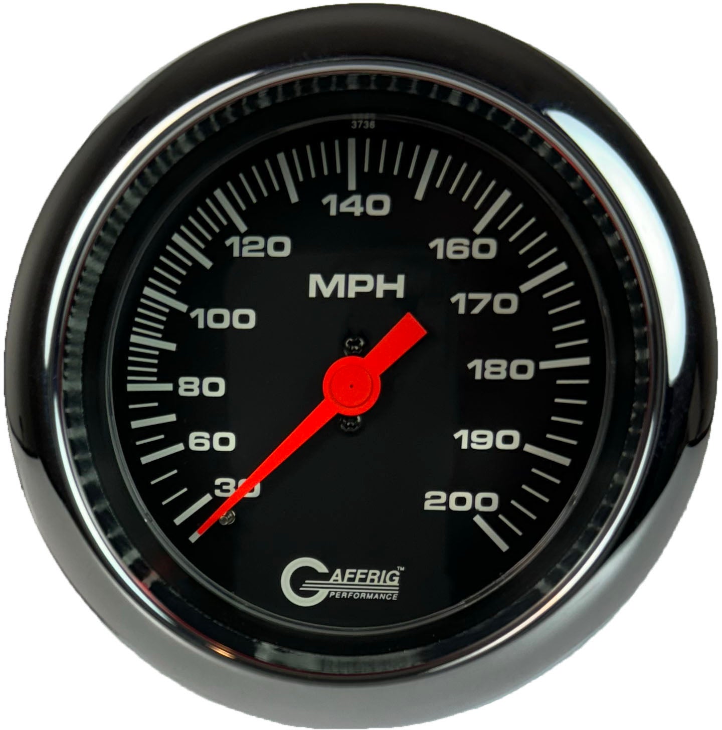 GAFFRIG PART #4014 3 3/8 INCH MECHANICAL DRY SPEEDOMETER GAUGE 200 MPH BLACK - HEAD ONLY CHROME / STEP RIM