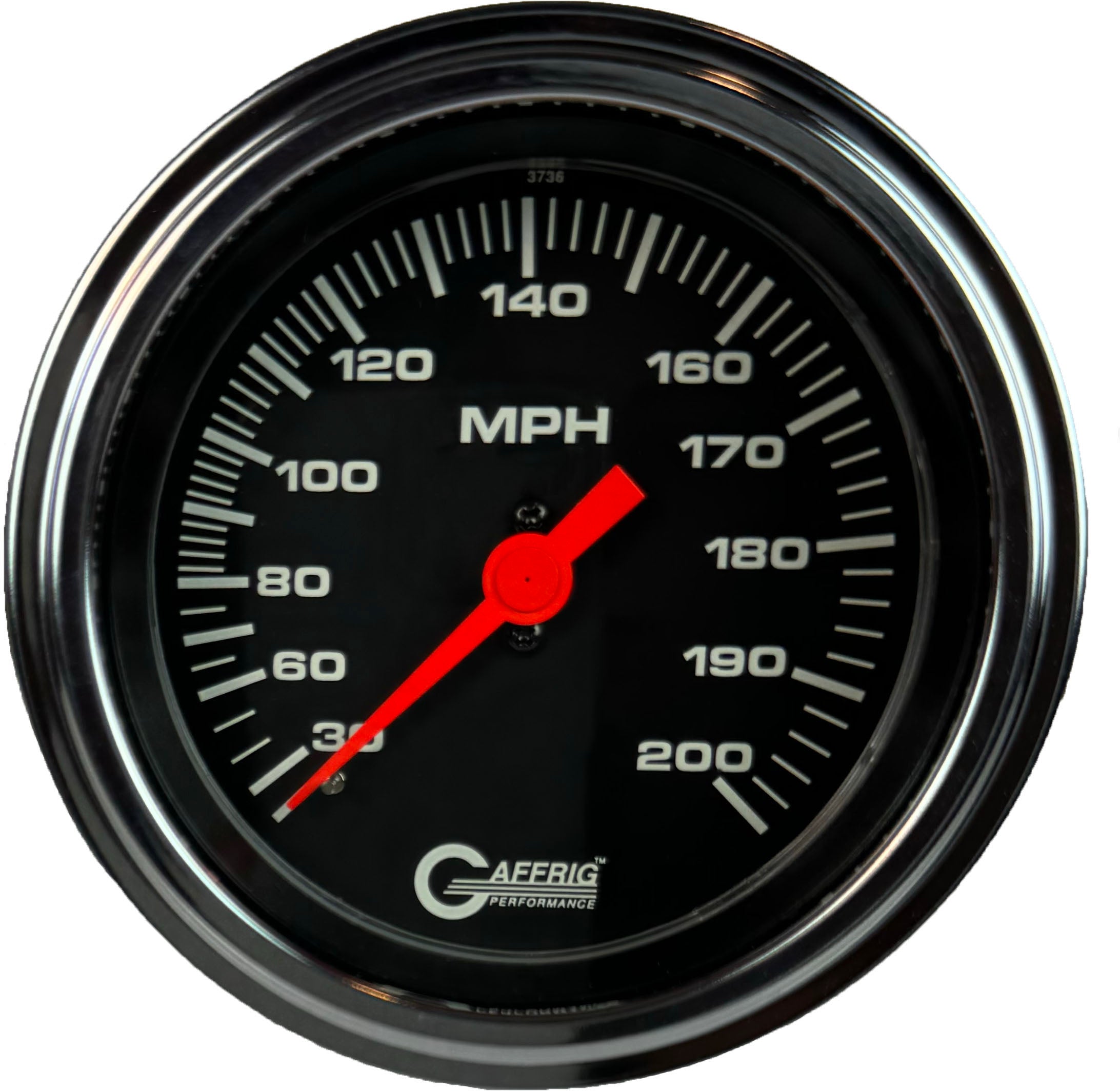 GAFFRIG PART #4014 3 3/8 INCH MECHANICAL DRY SPEEDOMETER GAUGE 200 MPH BLACK - HEAD ONLY CHROME / STEP RIM