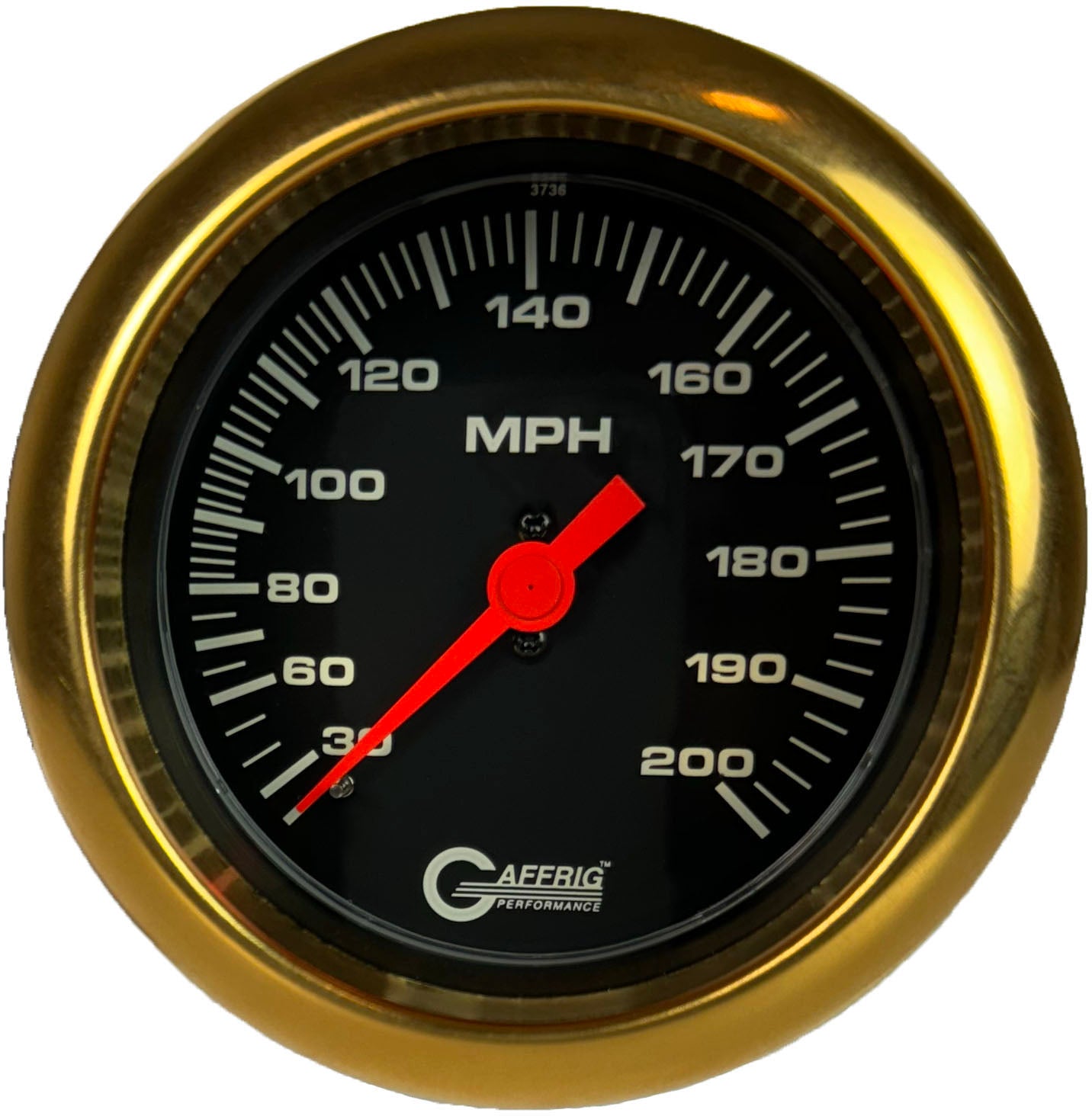 GAFFRIG PART #4014 3 3/8 INCH MECHANICAL DRY SPEEDOMETER GAUGE 200 MPH BLACK - HEAD ONLY GOLD / STEP RIM