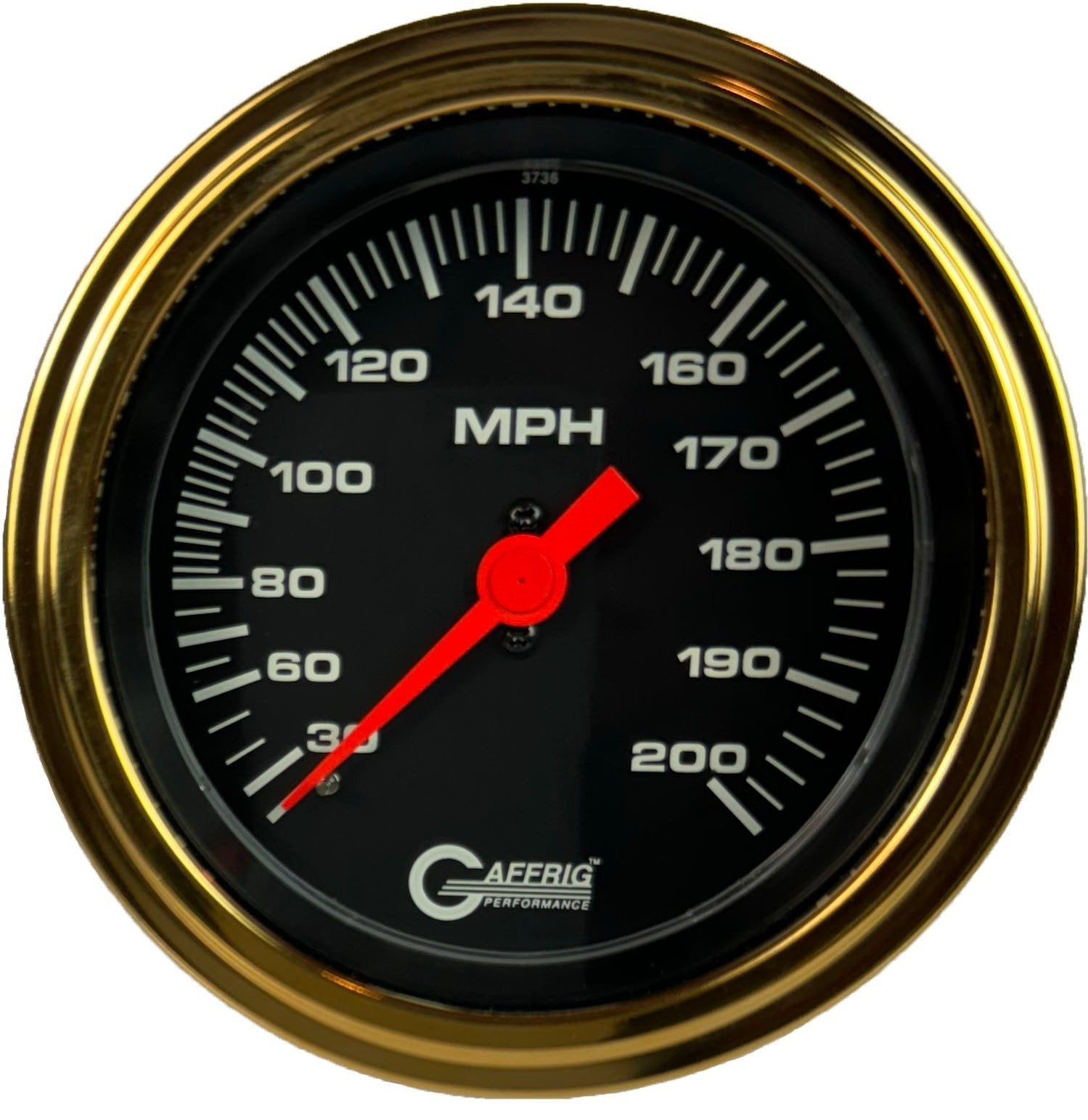 GAFFRIG PART #4014 3 3/8 INCH MECHANICAL DRY SPEEDOMETER GAUGE 200 MPH BLACK - HEAD ONLY GOLD / STEP RIM