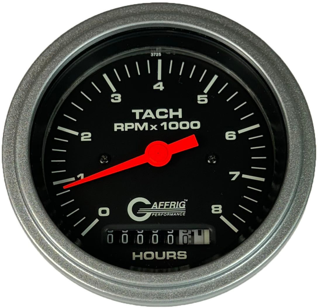 GAFFRIG PART #4260 3 3/8 INCH ELECTRIC TACH/HOUR METER GUAGE 0-8000 RPM BLACK PLATINUM / STEP RIM