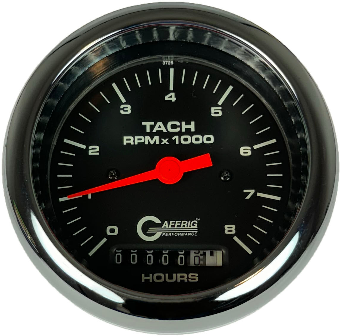 GAFFRIG PART #4260 3 3/8 INCH ELECTRIC TACH/HOUR METER GUAGE 0-8000 RPM BLACK CHROME / STEP RIM