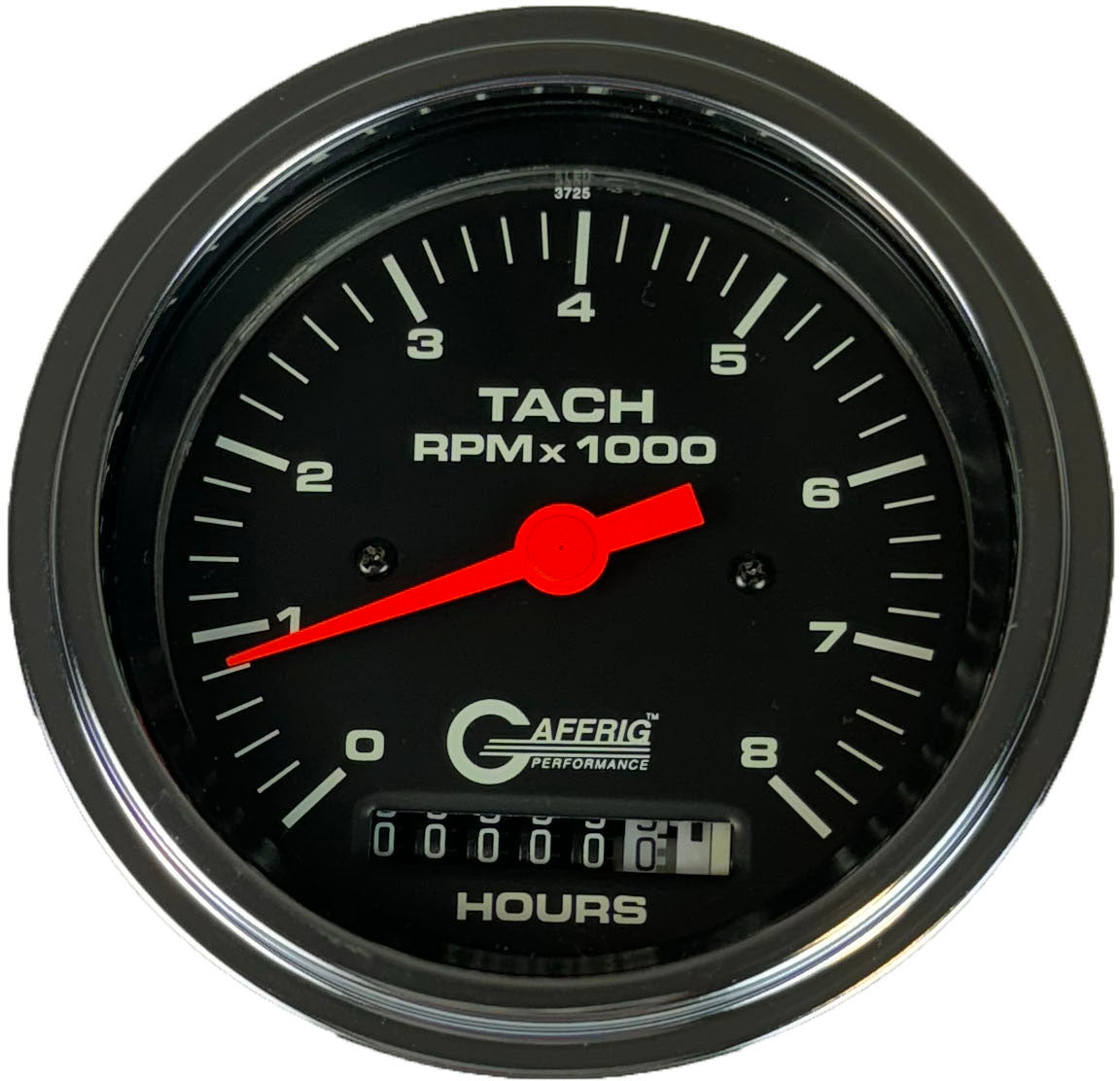 GAFFRIG PART #4260 3 3/8 INCH ELECTRIC TACH/HOUR METER GUAGE 0-8000 RPM BLACK CHROME / STEP RIM