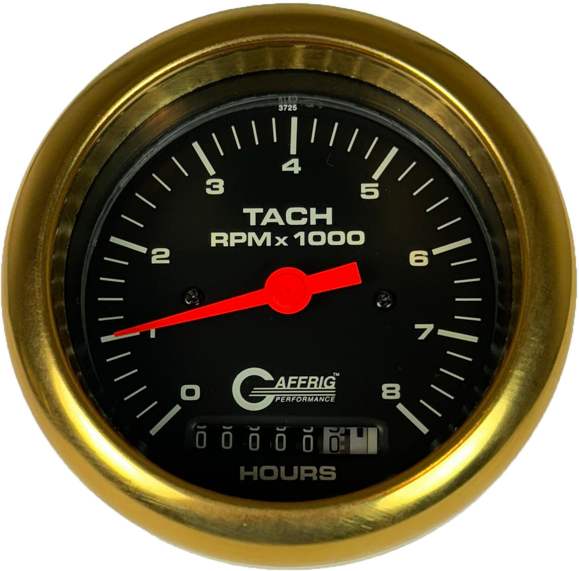 GAFFRIG PART #4260 3 3/8 INCH ELECTRIC TACH/HOUR METER GUAGE 0-8000 RPM BLACK GOLD / STEP RIM