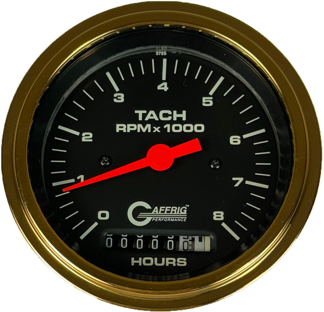 GAFFRIG PART #4260 3 3/8 INCH ELECTRIC TACH/HOUR METER GUAGE 0-8000 RPM BLACK GOLD / STEP RIM