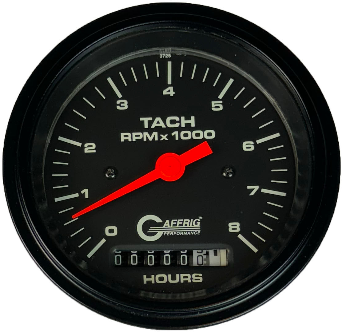 GAFFRIG PART #4260 3 3/8 INCH ELECTRIC TACH/HOUR METER GUAGE 0-8000 RPM BLACK BLACK / STEP RIM