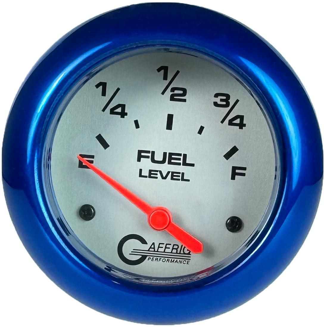 GAFFRIG PART #11000 2 5/8 INCH ELECTRIC FUEL LEVEL GAUGE 240-33 OHMS PLATINUM BLUE