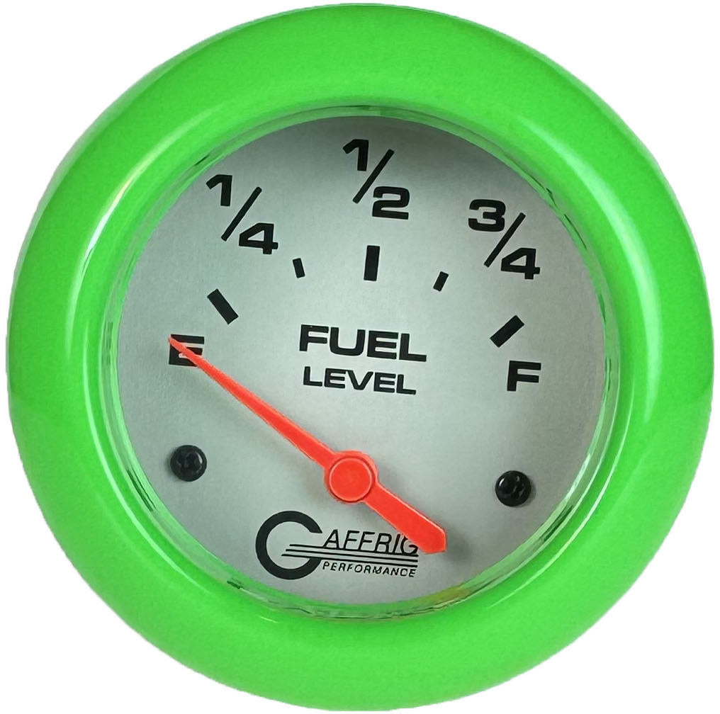 GAFFRIG PART #11000 2 5/8 INCH ELECTRIC FUEL LEVEL GAUGE 240-33 OHMS PLATINUM LIME GREEN