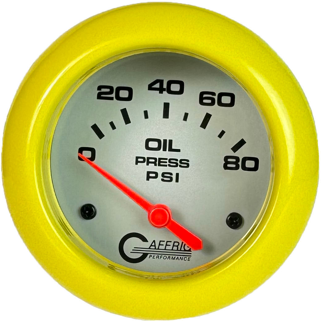 GAFFRIG PART #11001 2 5/8 INCH ELECTRIC OIL PRESSURE 0-80 PSI - INCLUDES SENDER PLATINUM YELLOW