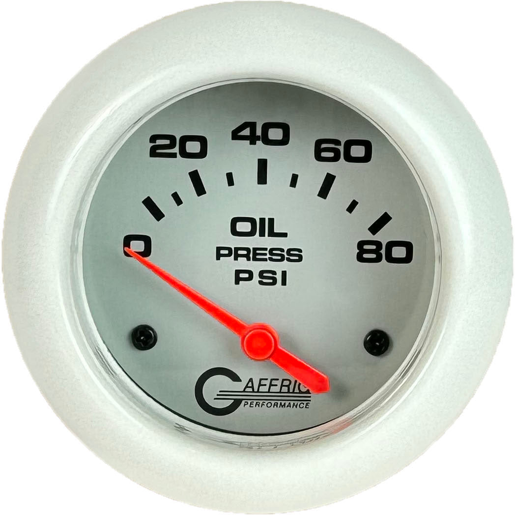 GAFFRIG PART #11001 2 5/8 INCH ELECTRIC OIL PRESSURE 0-80 PSI - INCLUDES SENDER PLATINUM WHITE