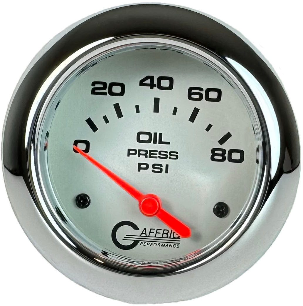 GAFFRIG PART #11001 2 5/8 INCH ELECTRIC OIL PRESSURE 0-80 PSI - INCLUDES SENDER PLATINUM CHROME