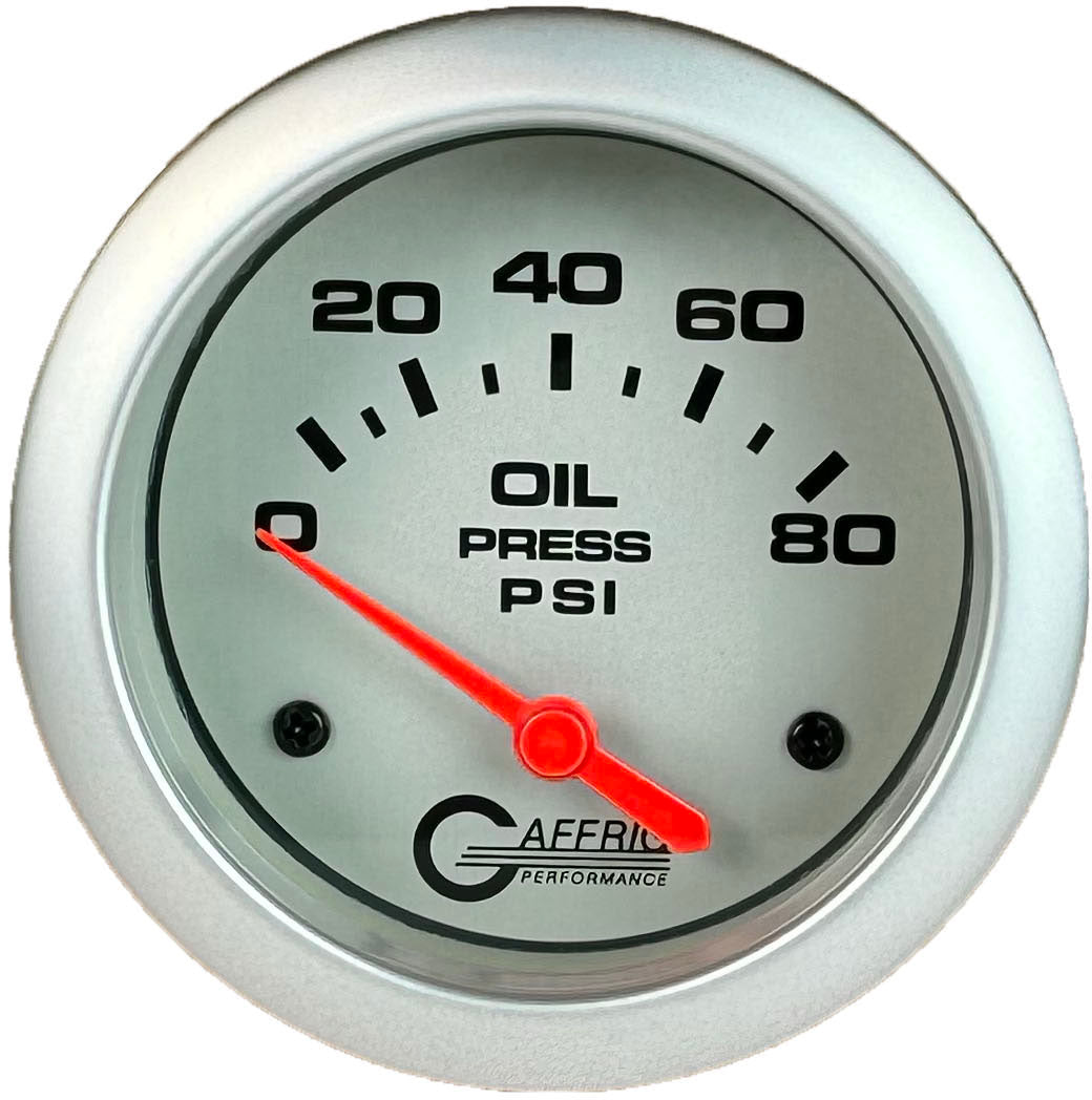 GAFFRIG PART #11001 2 5/8 INCH ELECTRIC OIL PRESSURE 0-80 PSI - INCLUDES SENDER PLATINUM NO FAT RIM (STANDARD)