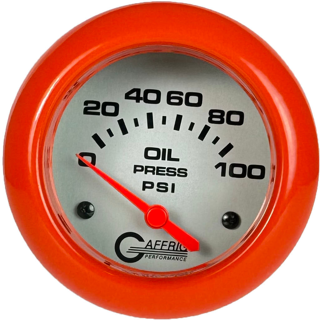 GAFFRIG PART #11002 2 5/8 INCH ELECTRIC OIL PRESSURE 0-100 PSI - INCLUDES SENDER PLATINUM ORANGE