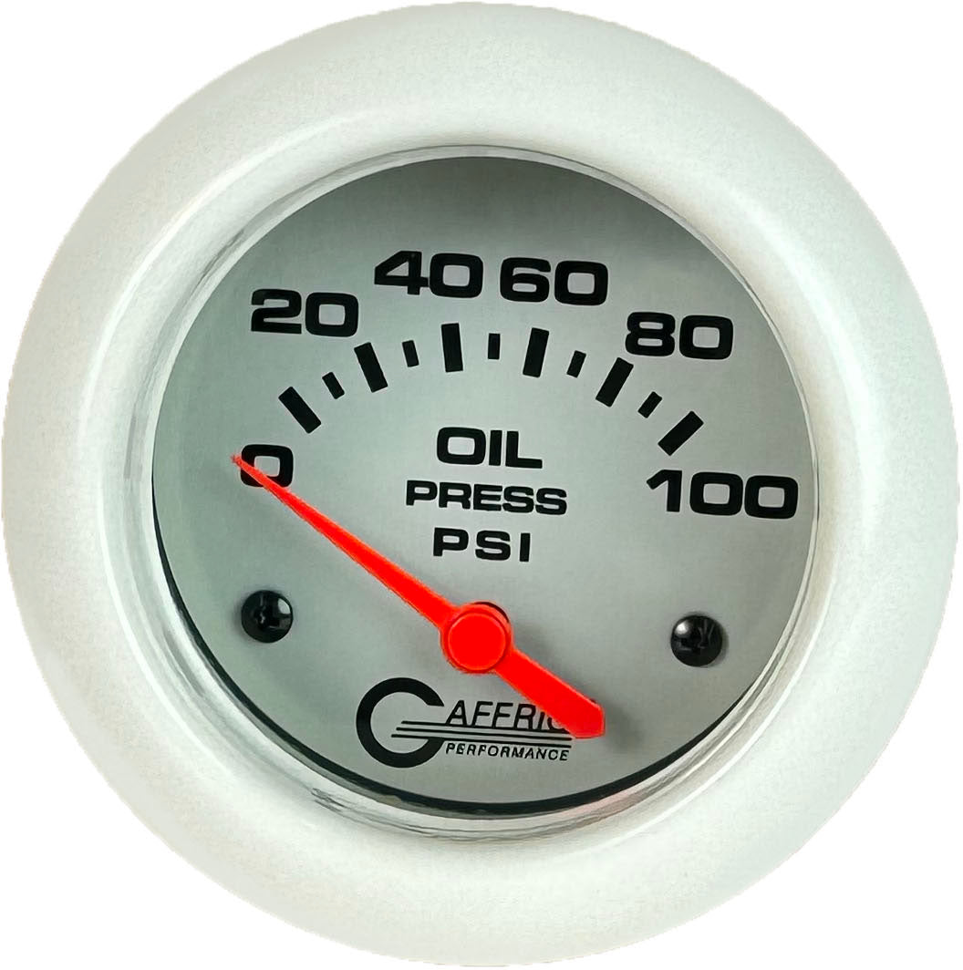 GAFFRIG PART #11002 2 5/8 INCH ELECTRIC OIL PRESSURE 0-100 PSI - INCLUDES SENDER PLATINUM WHITE
