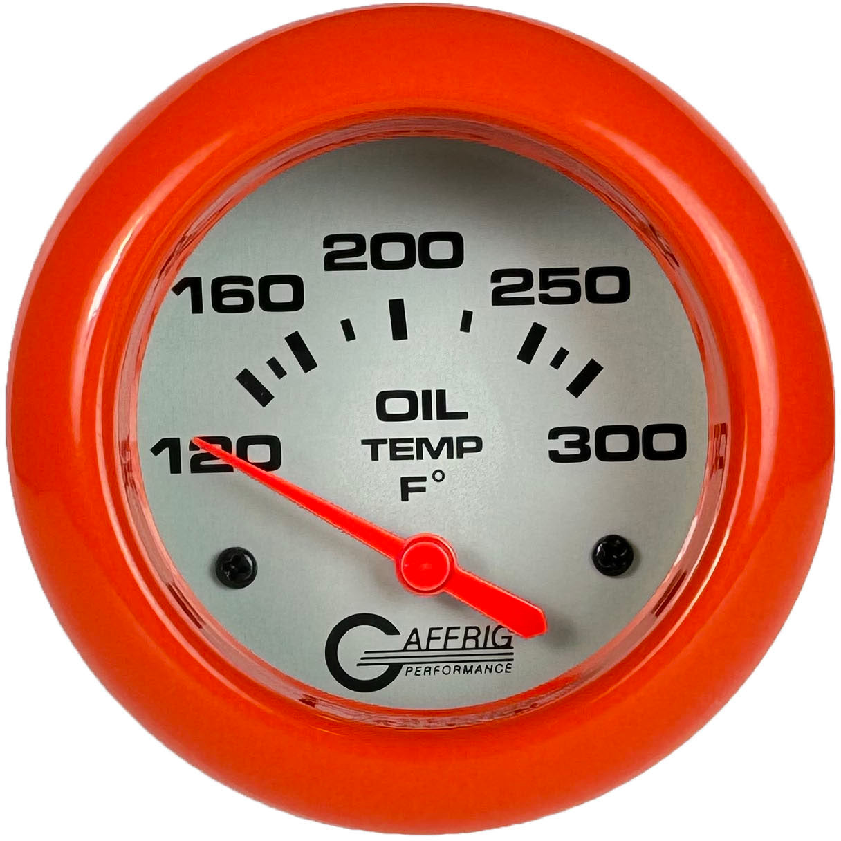 GAFFRIG PART #11003 2 5/8 INCH ELECTRIC OIL TEMP GAUGE 100-300 F - INCLUDES SENDER & BUSHING KIT PLATINUM ORANGE