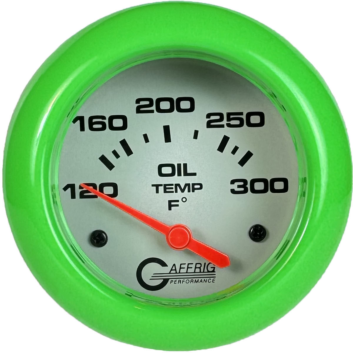 GAFFRIG PART #11003 2 5/8 INCH ELECTRIC OIL TEMP GAUGE 100-300 F - INCLUDES SENDER & BUSHING KIT PLATINUM LIME GREEN