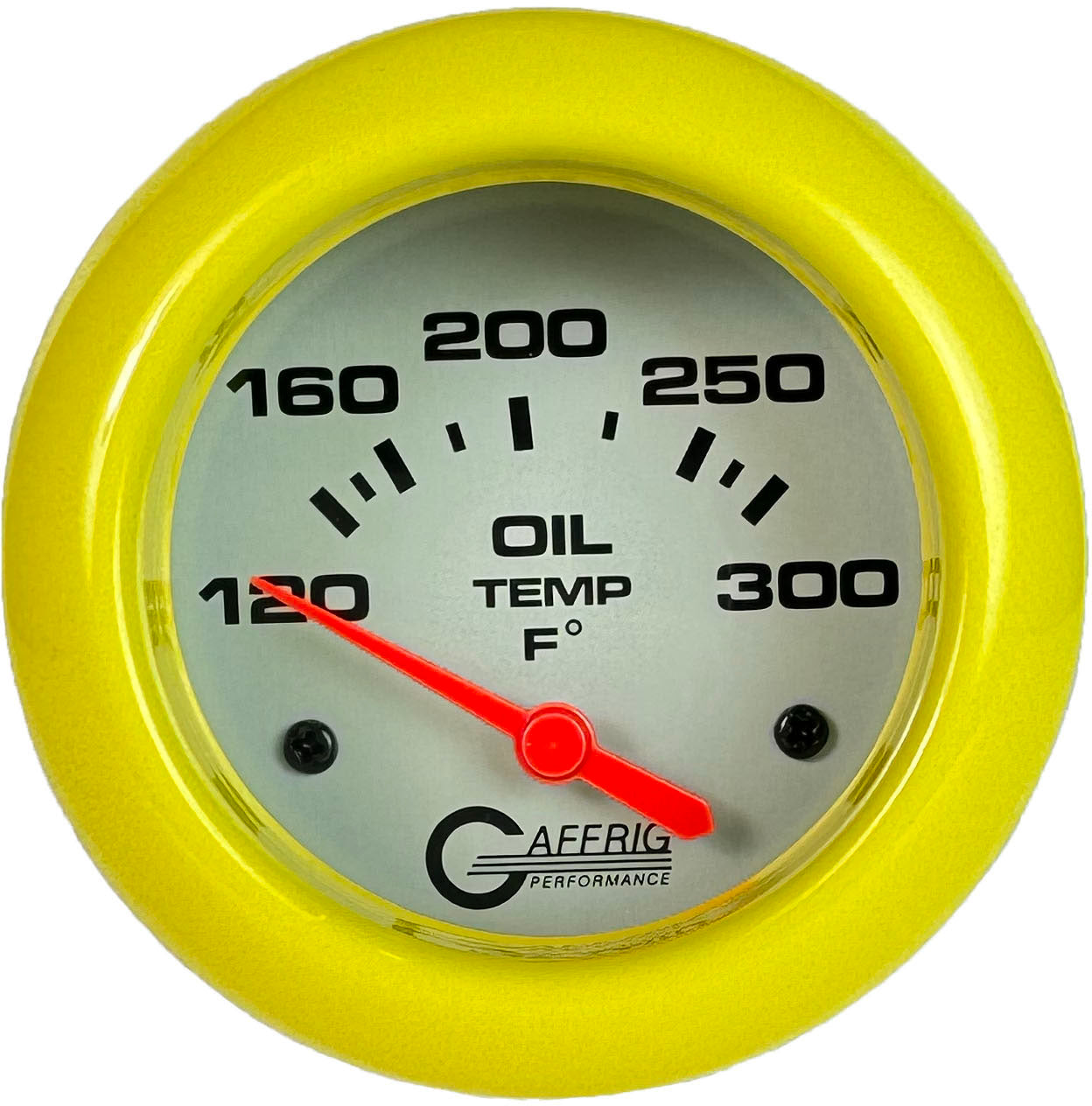 GAFFRIG PART #11003 2 5/8 INCH ELECTRIC OIL TEMP GAUGE 100-300 F - INCLUDES SENDER & BUSHING KIT PLATINUM YELLOW
