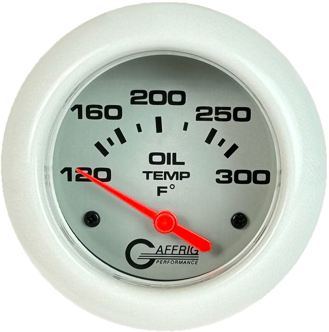 GAFFRIG PART #11003 2 5/8 INCH ELECTRIC OIL TEMP GAUGE 100-300 F - INCLUDES SENDER & BUSHING KIT PLATINUM WHITE