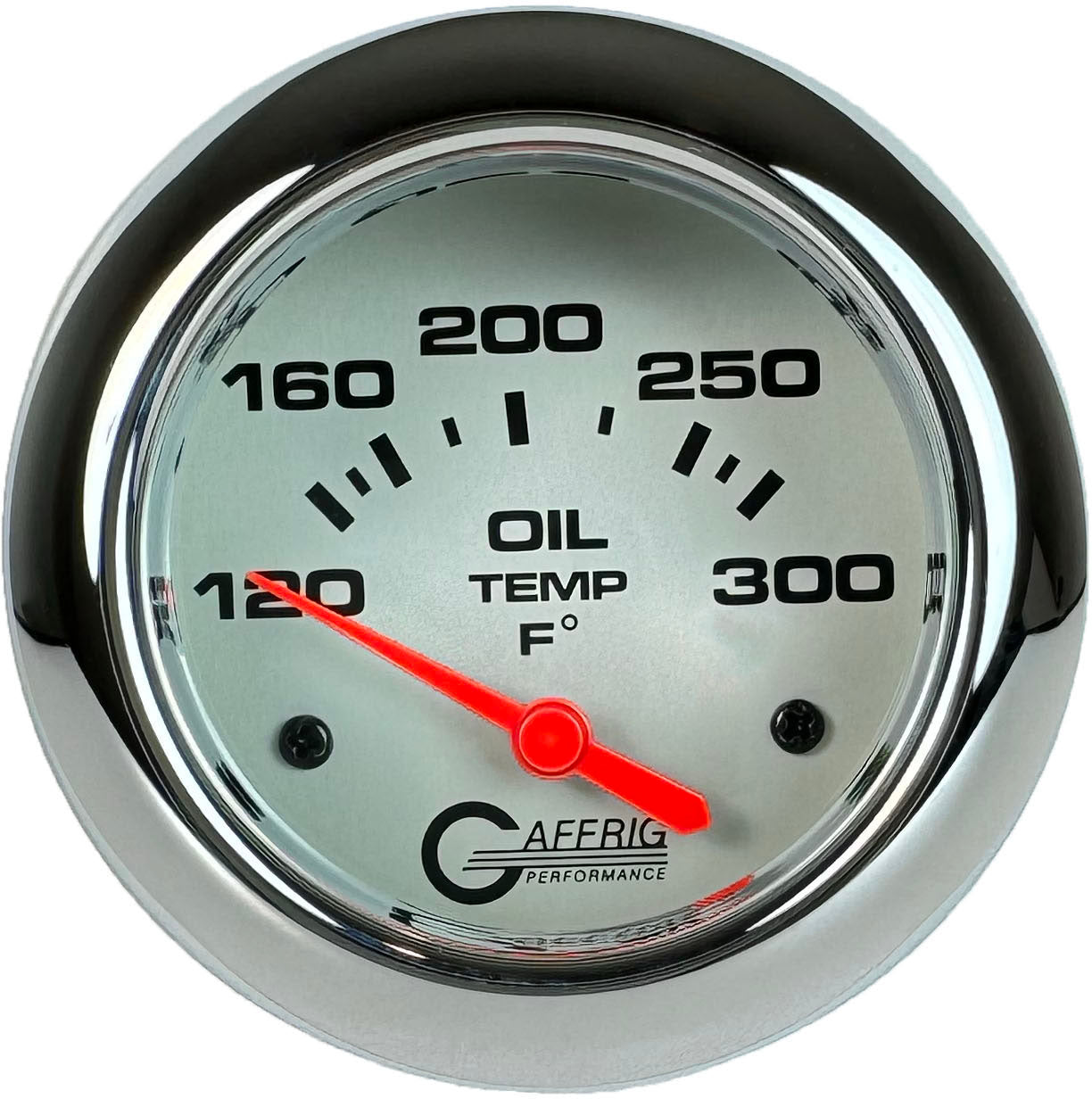 GAFFRIG PART #11003 2 5/8 INCH ELECTRIC OIL TEMP GAUGE 100-300 F - INCLUDES SENDER & BUSHING KIT PLATINUM CHROME
