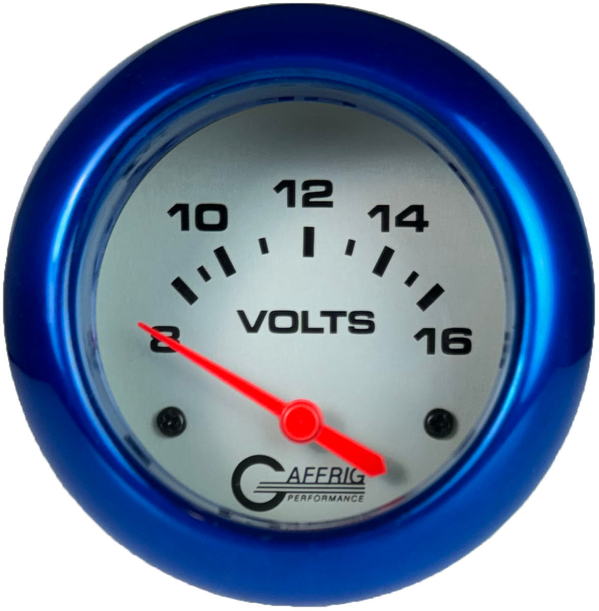 GAFFRIG PART #11005 2 5/8 INCH ELECTRIC VOLTMETER GAUGE 8-16V PLATINUM BLUE