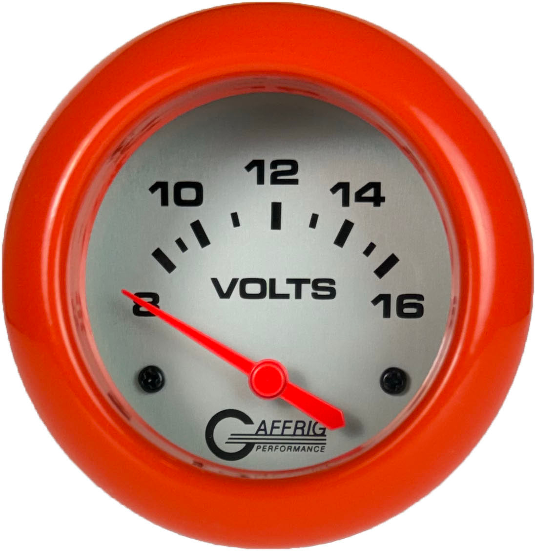 GAFFRIG PART #11005 2 5/8 INCH ELECTRIC VOLTMETER GAUGE 8-16V PLATINUM ORANGE