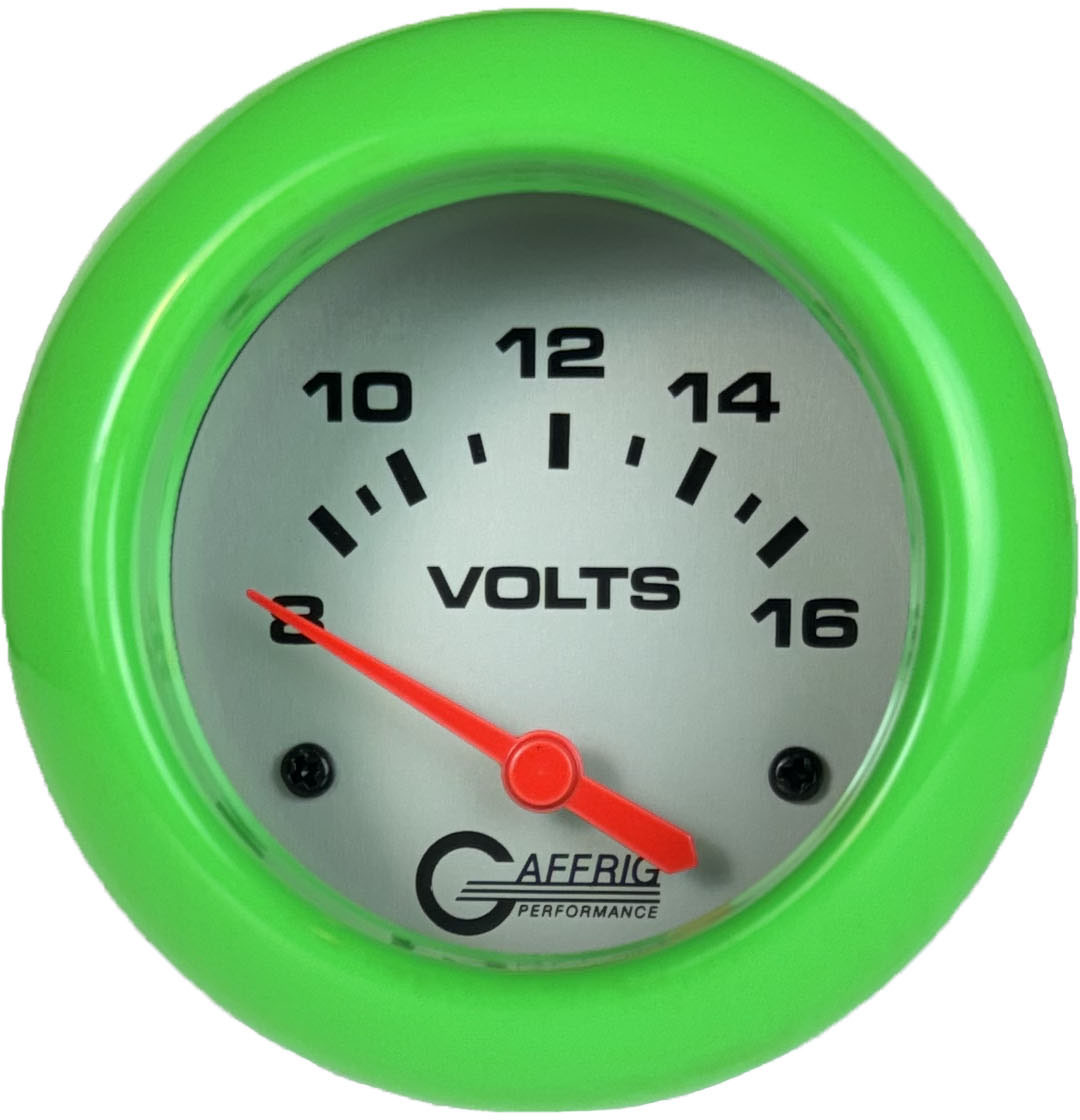 GAFFRIG PART #11005 2 5/8 INCH ELECTRIC VOLTMETER GAUGE 8-16V PLATINUM LIME GREEN