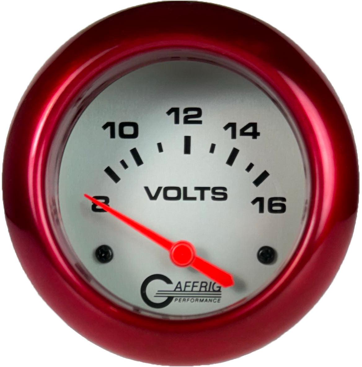 GAFFRIG PART #11005 2 5/8 INCH ELECTRIC VOLTMETER GAUGE 8-16V PLATINUM RED