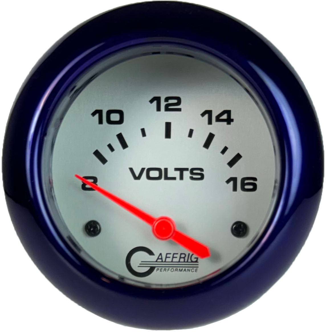 GAFFRIG PART #11005 2 5/8 INCH ELECTRIC VOLTMETER GAUGE 8-16V PLATINUM PURPLE