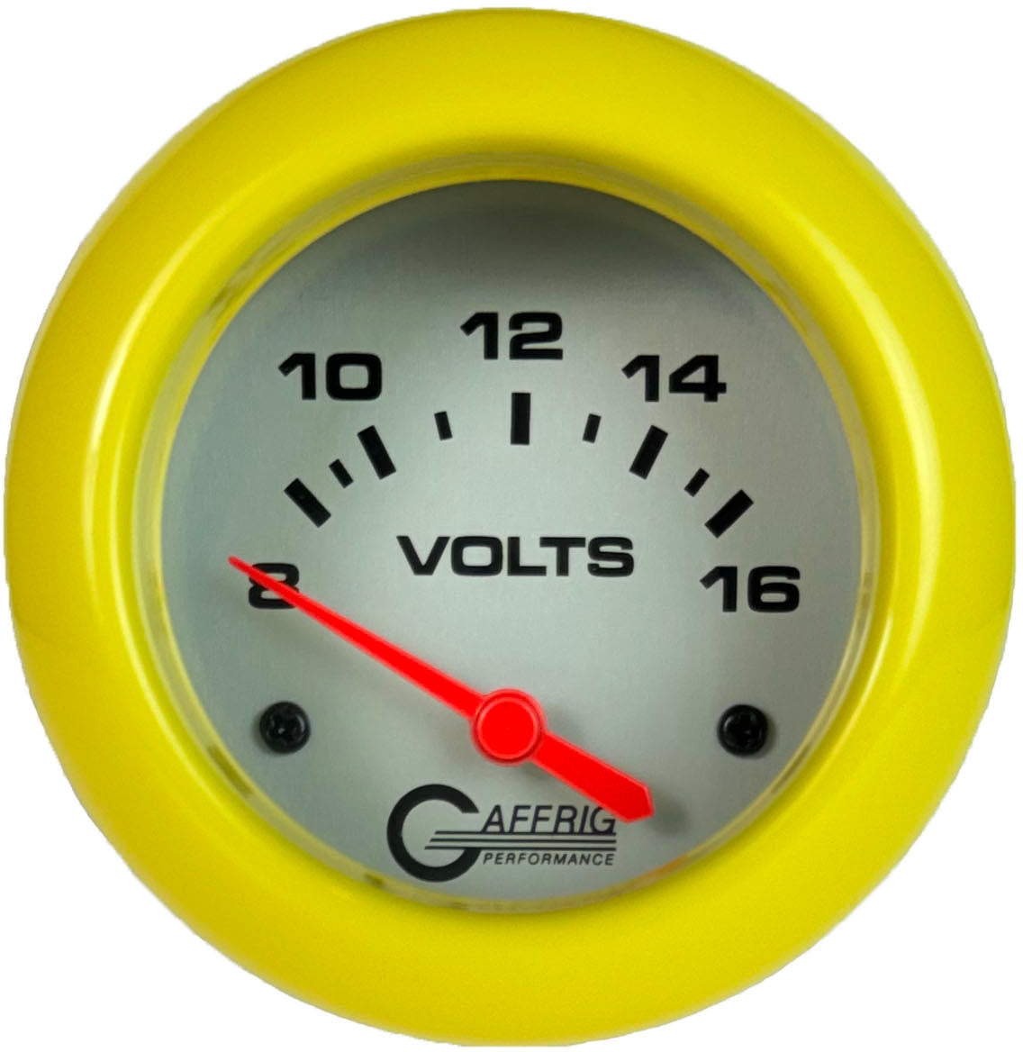 GAFFRIG PART #11005 2 5/8 INCH ELECTRIC VOLTMETER GAUGE 8-16V PLATINUM YELLOW