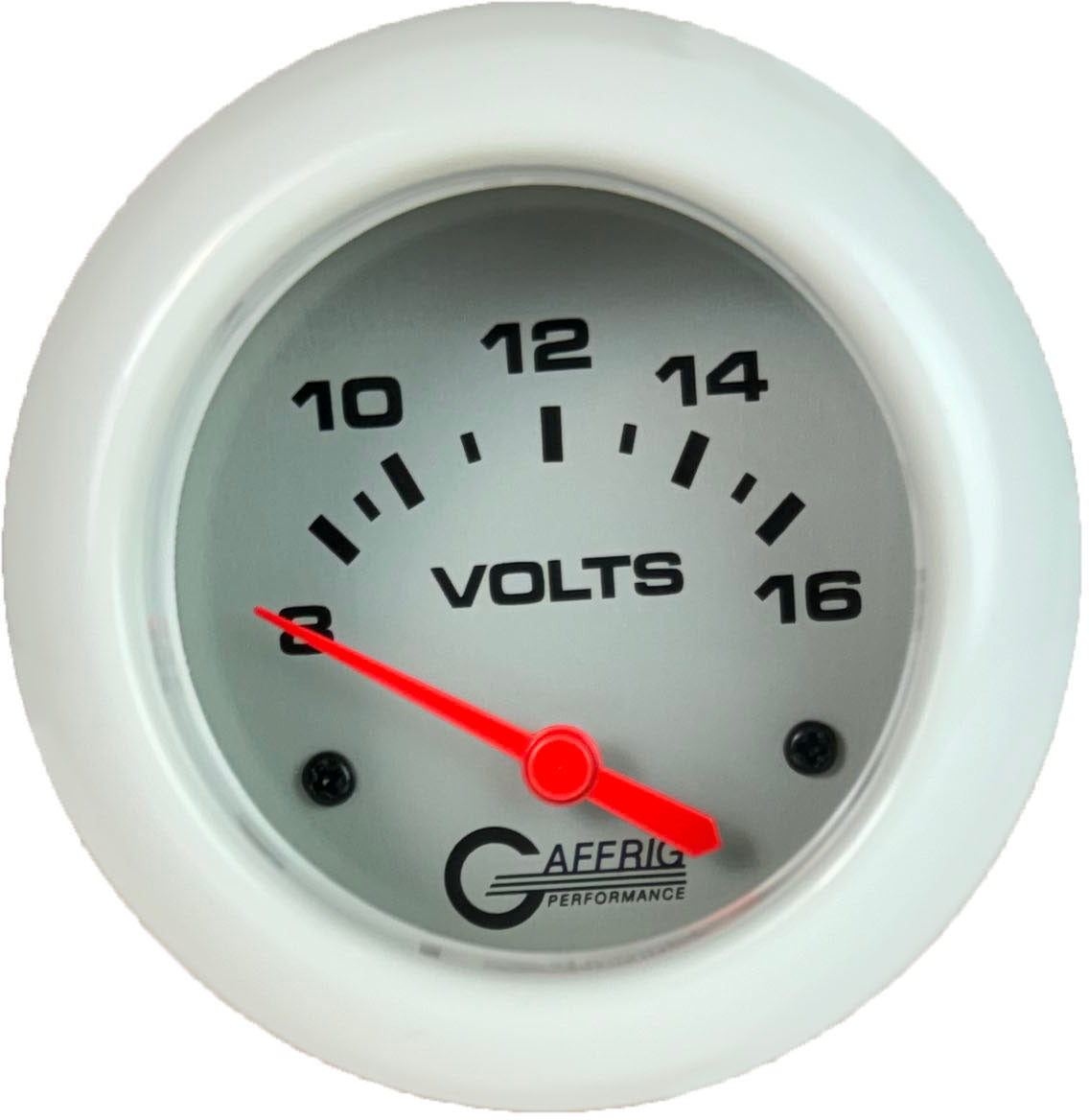 GAFFRIG PART #11005 2 5/8 INCH ELECTRIC VOLTMETER GAUGE 8-16V PLATINUM WHITE