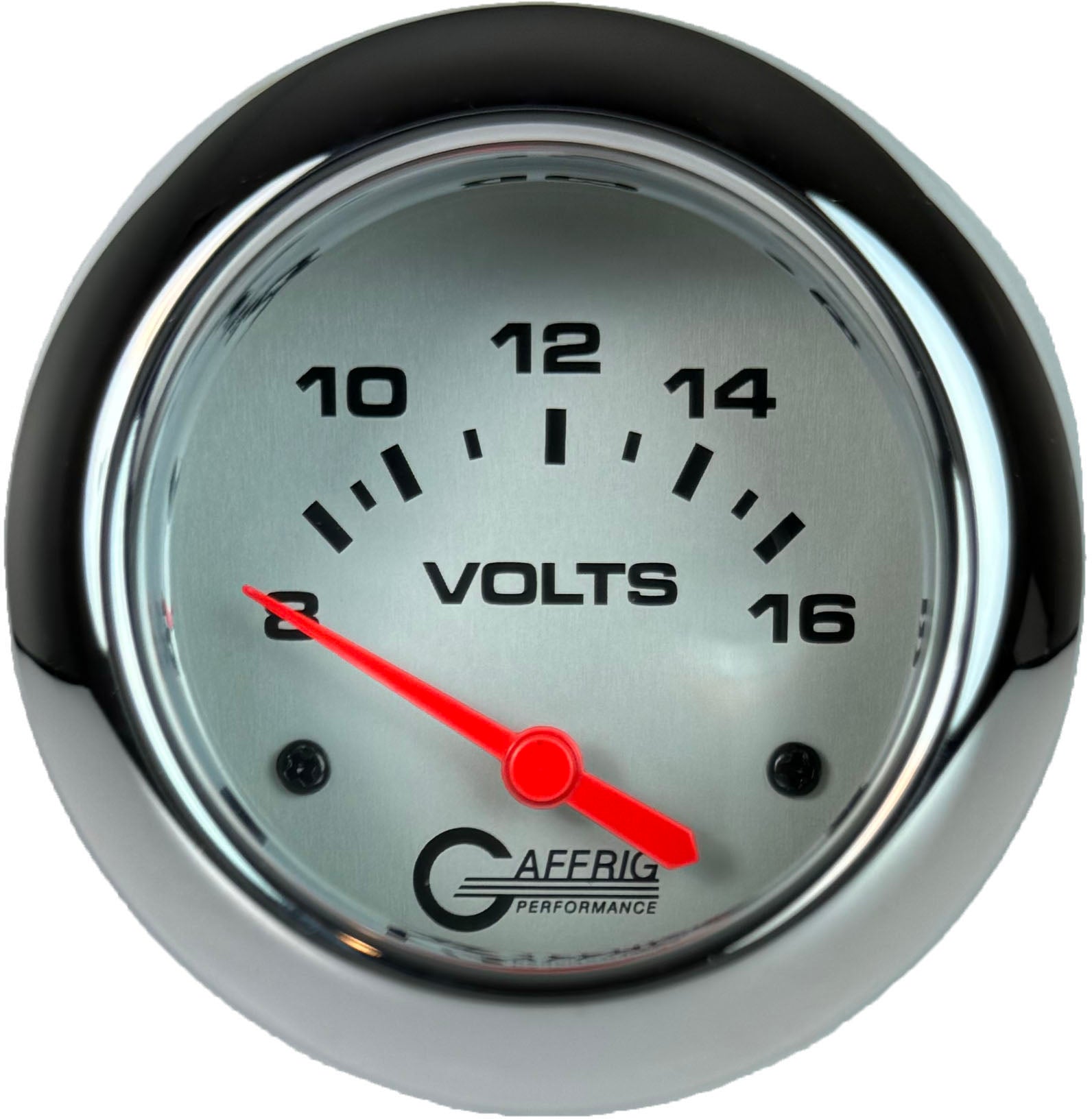 GAFFRIG PART #11005 2 5/8 INCH ELECTRIC VOLTMETER GAUGE 8-16V PLATINUM CHROME