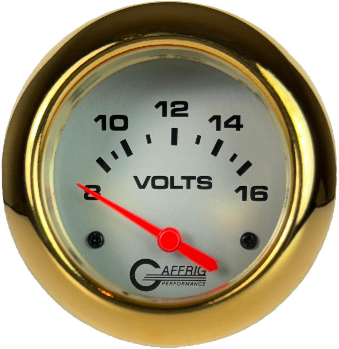 GAFFRIG PART #11005 2 5/8 INCH ELECTRIC VOLTMETER GAUGE 8-16V PLATINUM GOLD