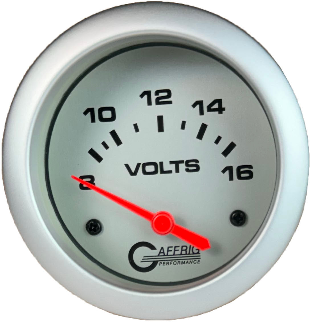 GAFFRIG PART #11005 2 5/8 INCH ELECTRIC VOLTMETER GAUGE 8-16V PLATINUM NO FAT RIM (STANDARD)