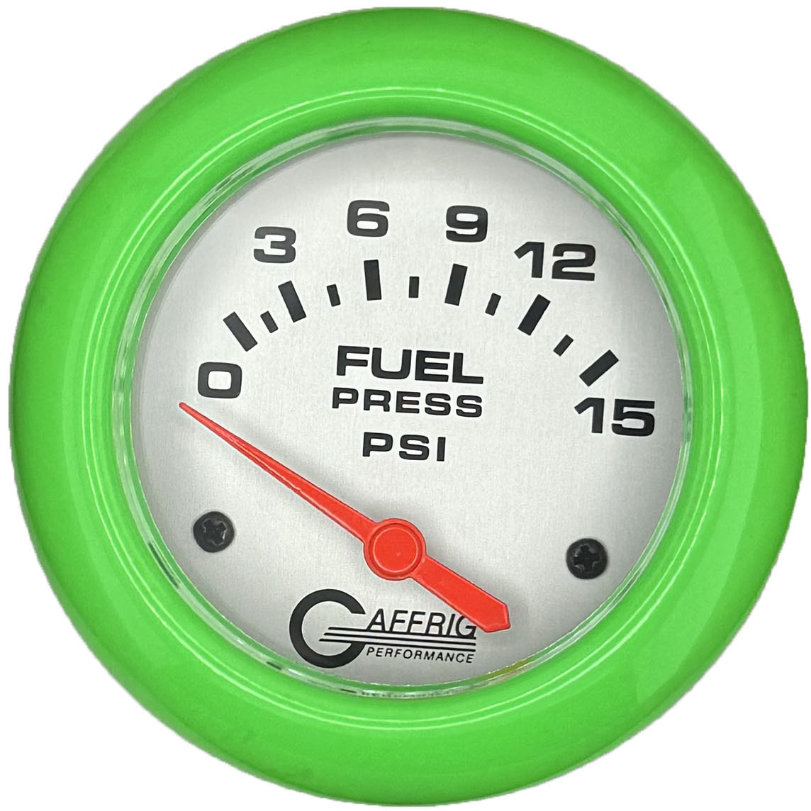 GAFFRIG PART #11007 2 5/8 INCH ELECTRIC FUEL PRESSURE GAUGE 0-15 PSI - INCLUDES SENDER PLATINUM LIME GREEN