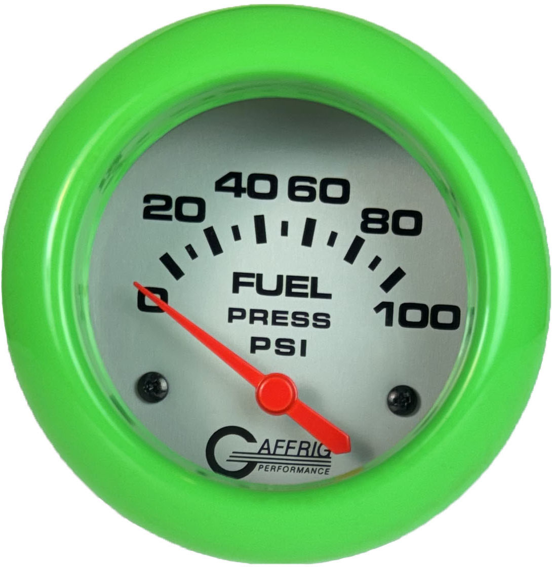 GAFFRIG PART #11008 2 5/8 INCH ELECTRIC FUEL PRESSURE GAUGE 0-100 PSI - INCLUDES SENDER PLATINUM LIME GREEN
