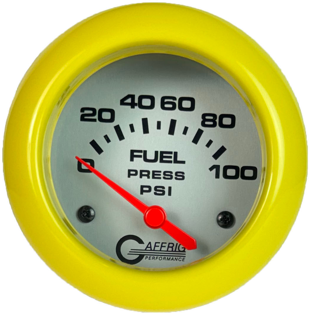 GAFFRIG PART #11008 2 5/8 INCH ELECTRIC FUEL PRESSURE GAUGE 0-100 PSI - INCLUDES SENDER PLATINUM YELLOW