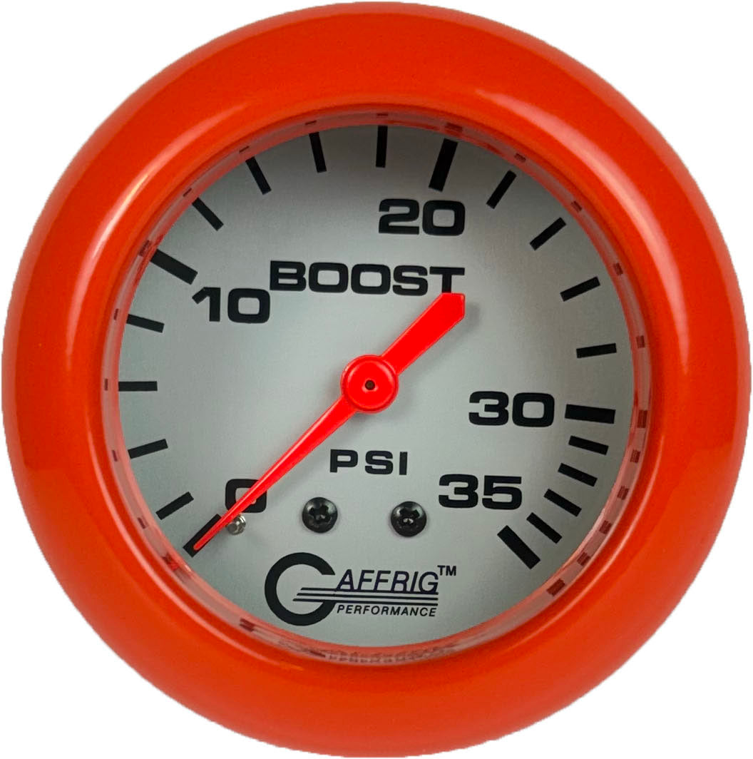 GAFFRIG PART #11010 2 5/8 INCH MECHANICAL BOOST GAUGE 0-35 PSI PLATINUM ORANGE