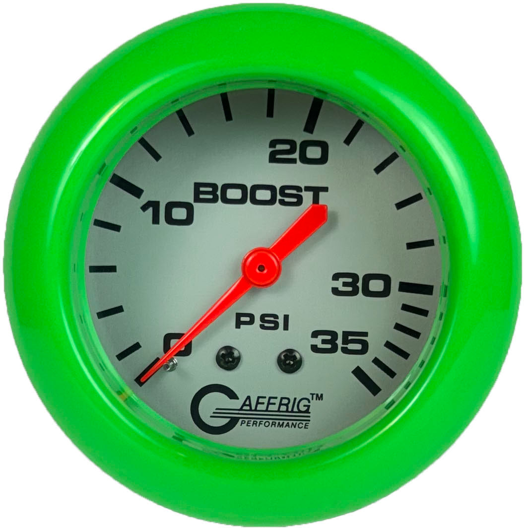 GAFFRIG PART #11010 2 5/8 INCH MECHANICAL BOOST GAUGE 0-35 PSI PLATINUM LIME GREEN