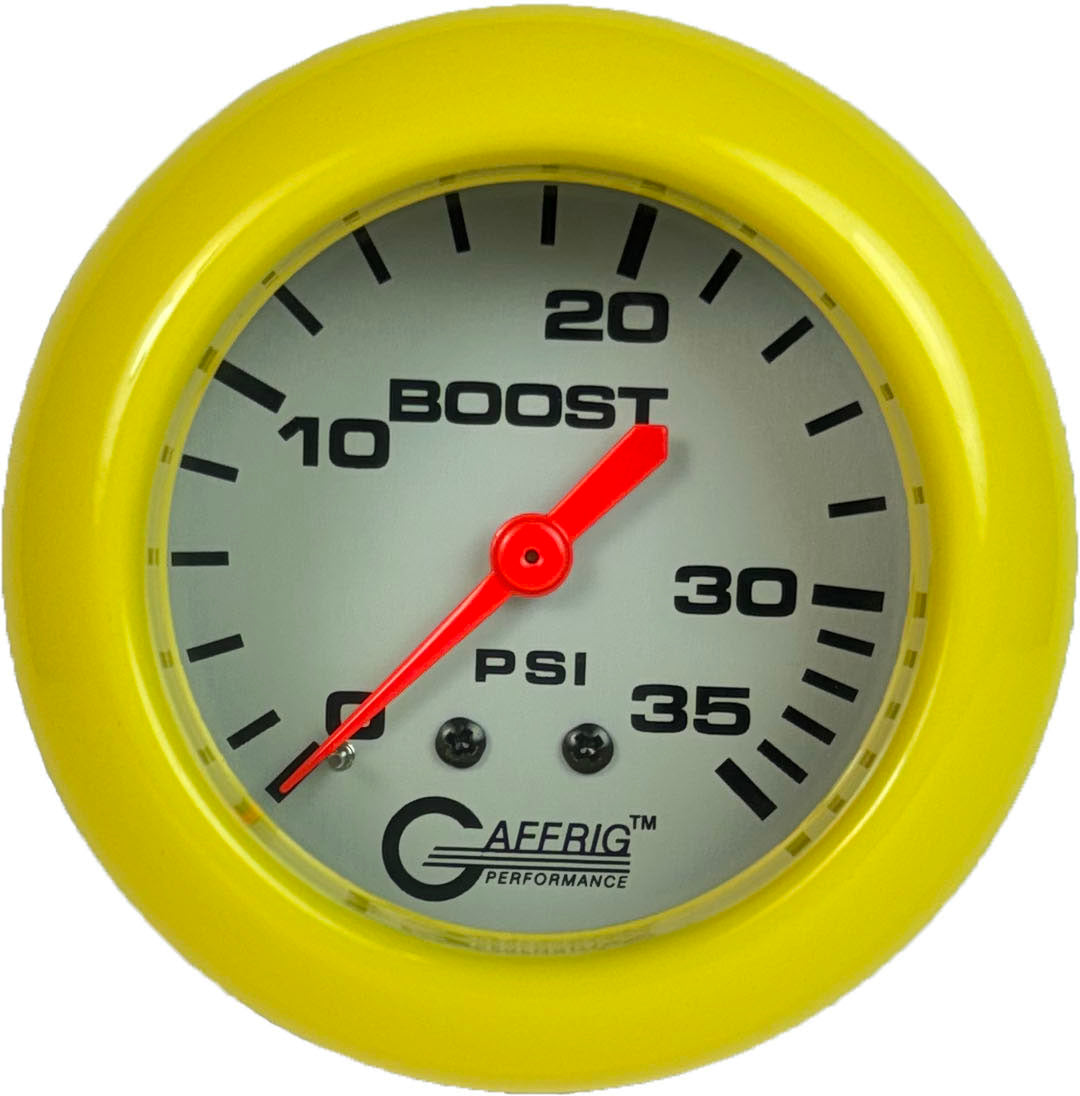 GAFFRIG PART #11010 2 5/8 INCH MECHANICAL BOOST GAUGE 0-35 PSI PLATINUM YELLOW
