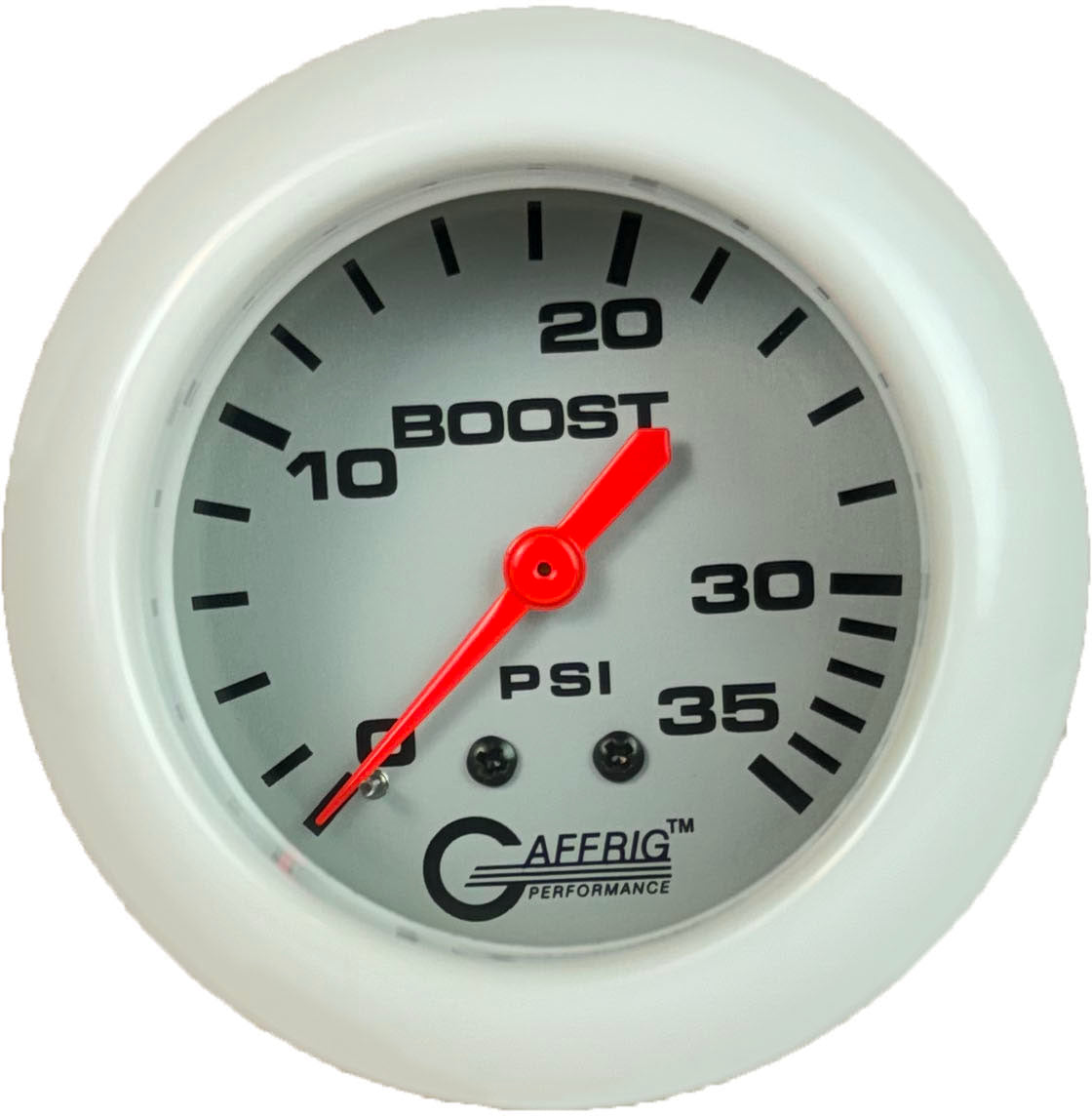 GAFFRIG PART #11010 2 5/8 INCH MECHANICAL BOOST GAUGE 0-35 PSI PLATINUM WHITE