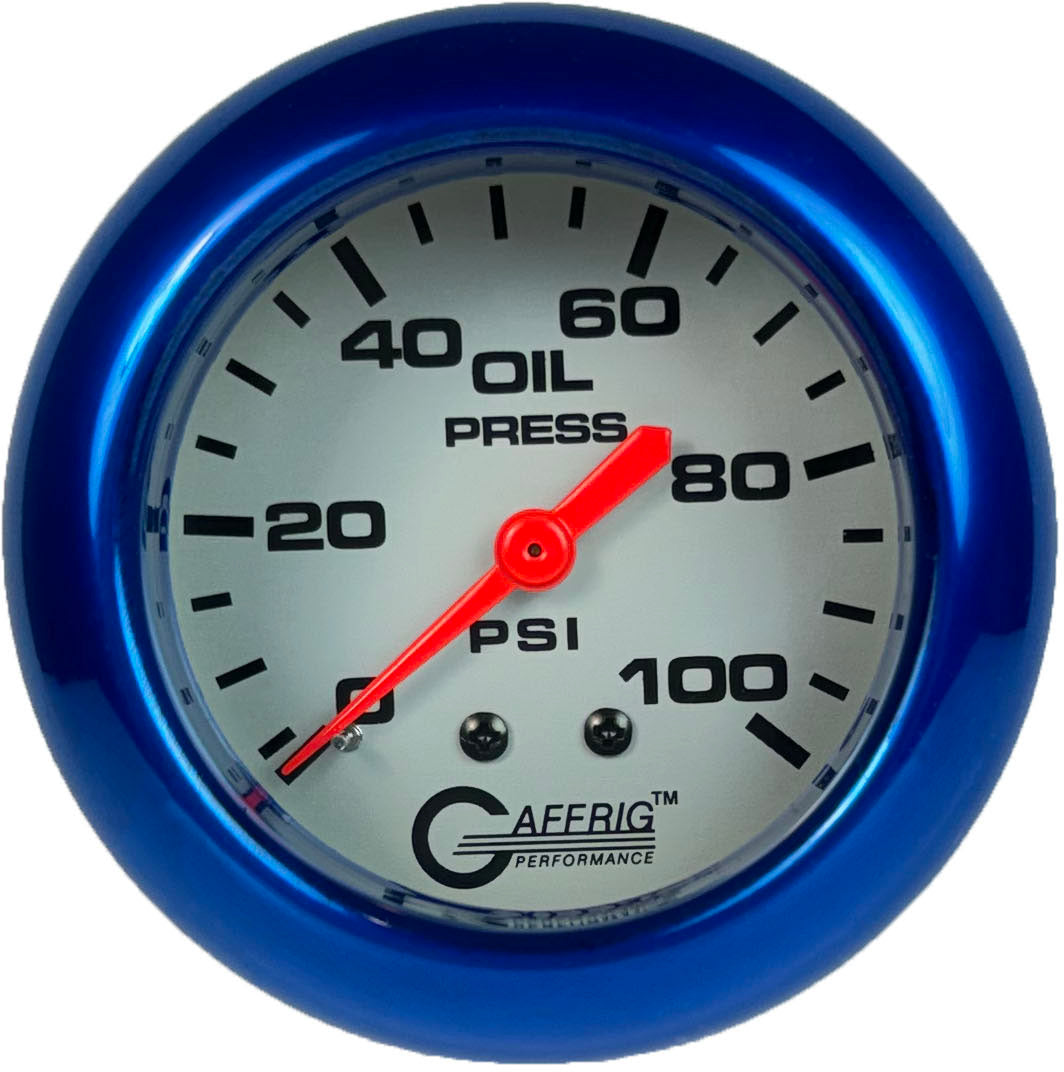 GAFFRIG PART #11011 2 5/8 INCH MECHANICAL OIL PRESSURE 0-100 PSI PLATINUM BLUE