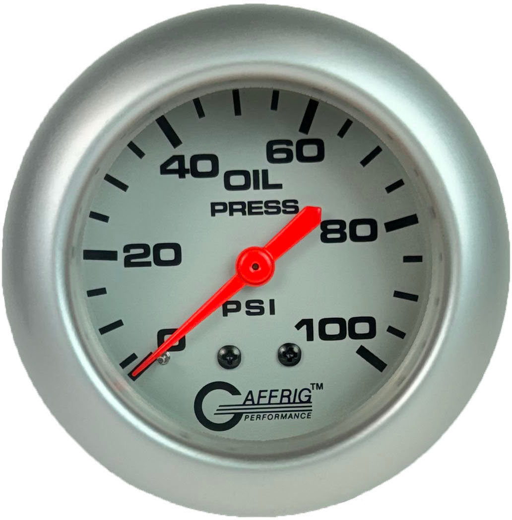 GAFFRIG PART #11011 2 5/8 INCH MECHANICAL OIL PRESSURE 0-100 PSI PLATINUM PLATINUM
