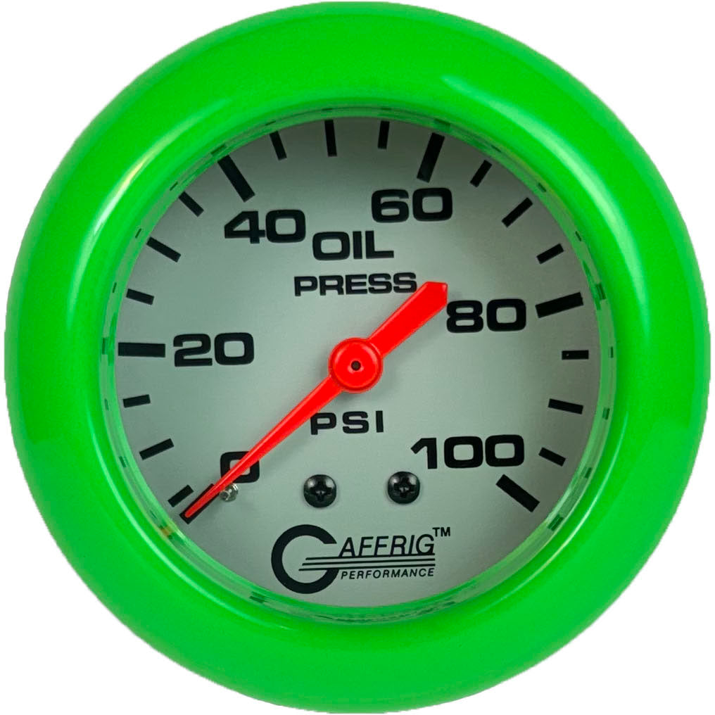 GAFFRIG PART #11011 2 5/8 INCH MECHANICAL OIL PRESSURE 0-100 PSI PLATINUM LIME GREEN